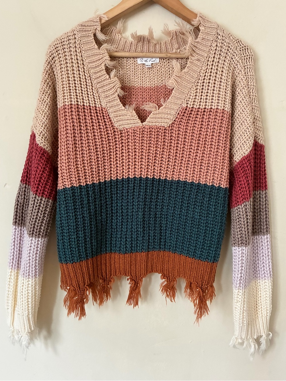 On the Road Distressed Colorblock Waffle Cropped Knit Sweater Boho M/L Festival